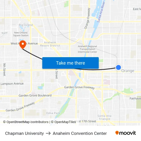 Chapman University to Anaheim Convention Center map