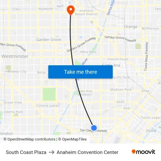 South Coast Plaza to Anaheim Convention Center map