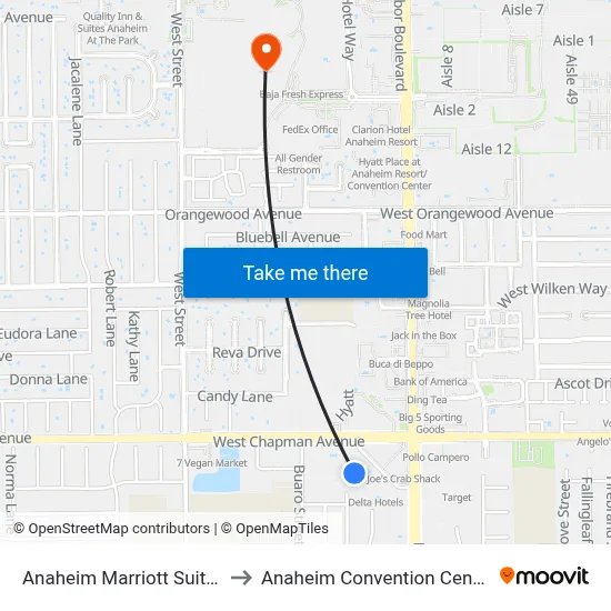 Anaheim Marriott Suites to Anaheim Convention Center map