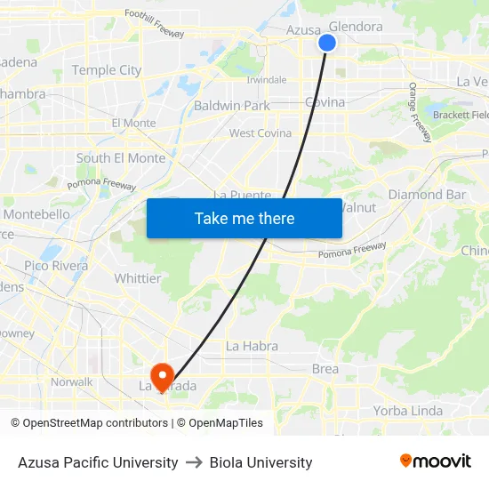 Azusa Pacific University to Biola University map