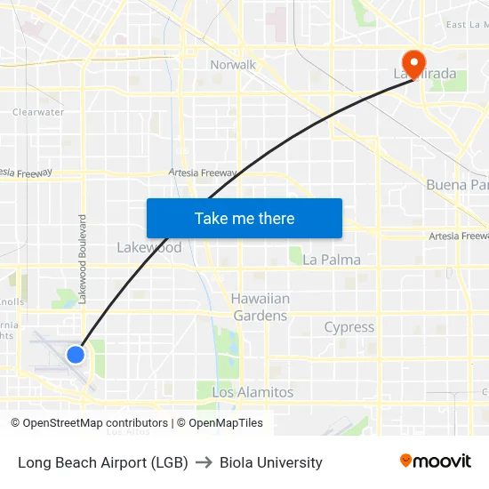 Long Beach Airport (LGB) to Biola University map