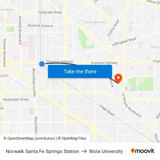 Norwalk Santa Fe Springs Station to Biola University map