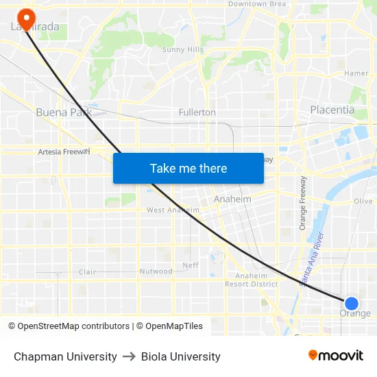 Chapman University to Biola University map