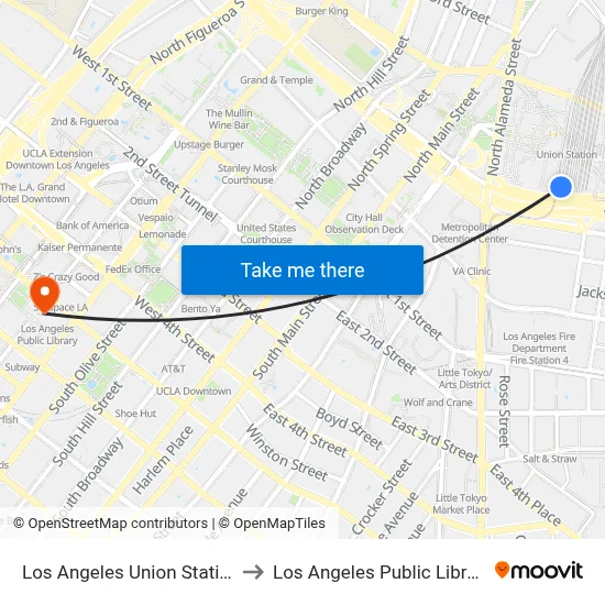 Los Angeles Union Station to Los Angeles Public Library map
