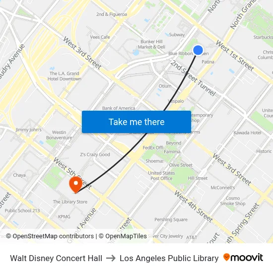 Walt Disney Concert Hall to Los Angeles Public Library map