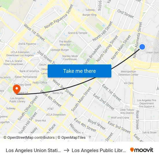 Los Angeles Union Station to Los Angeles Public Library map