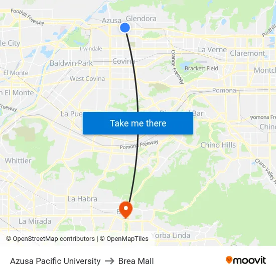 Azusa Pacific University to Brea Mall map
