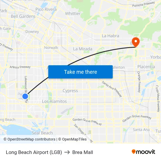 Long Beach Airport (LGB) to Brea Mall map