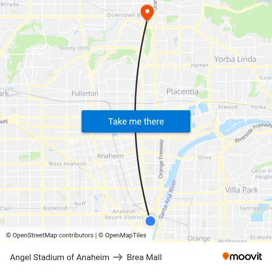 Angel Stadium of Anaheim to Brea Mall map