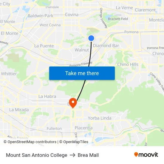 Mount San Antonio College to Brea Mall map