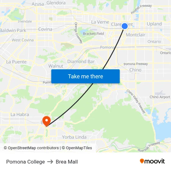 Pomona College to Brea Mall map