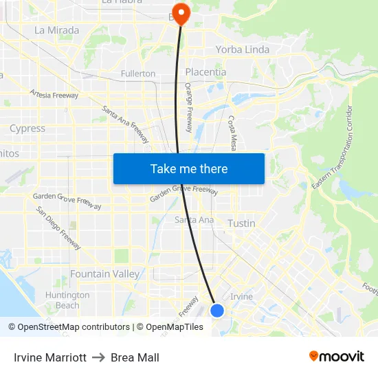 Irvine Marriott to Brea Mall map