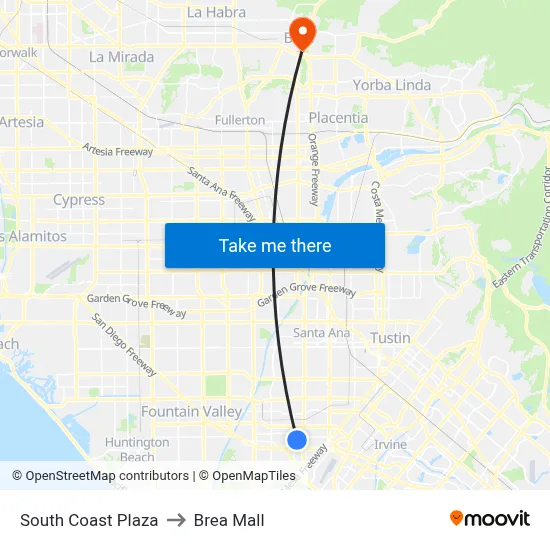 South Coast Plaza to Brea Mall map