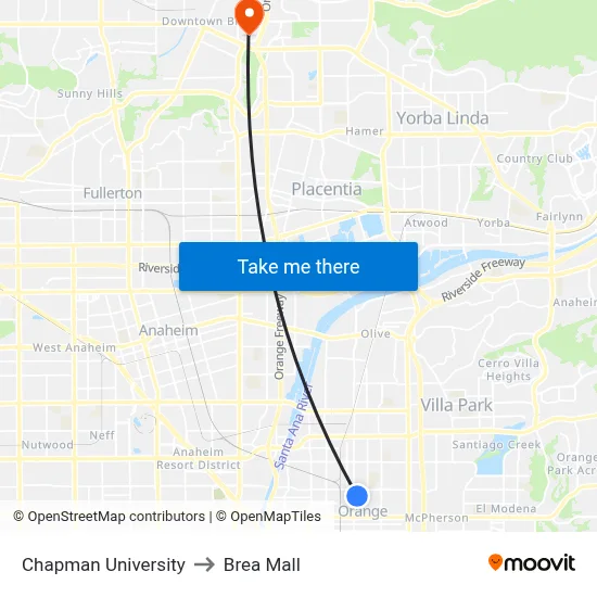 Chapman University to Brea Mall map
