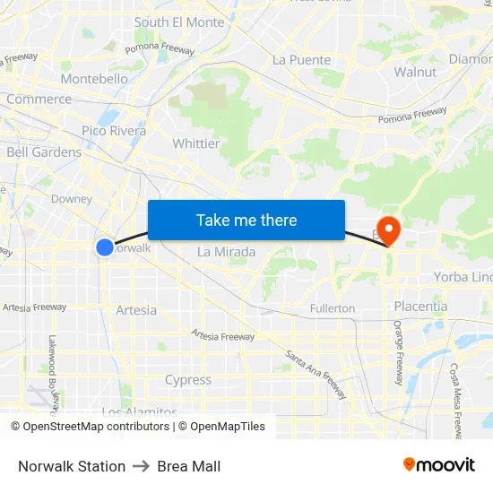 Norwalk Station to Brea Mall map