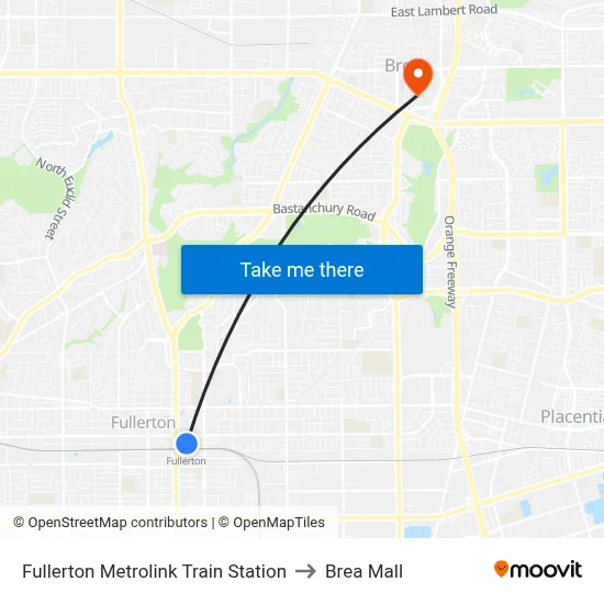 Fullerton Metrolink Train Station to Brea Mall map