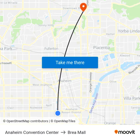 Anaheim Convention Center to Brea Mall map