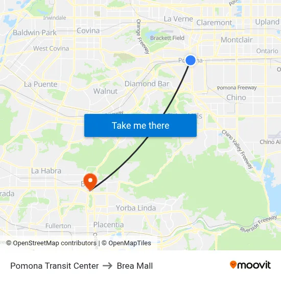 Pomona Transit Center to Brea Mall map
