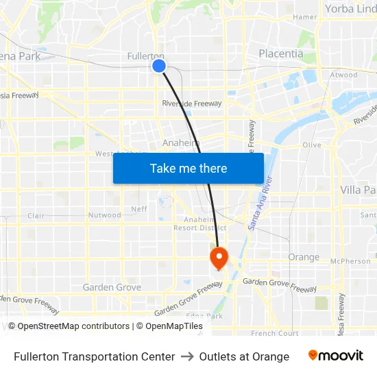 Fullerton Transportation Center to Outlets at Orange map