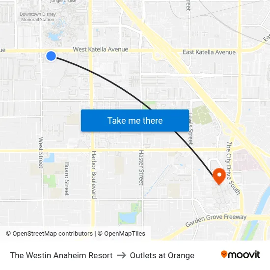 The Westin Anaheim Resort to Outlets at Orange map