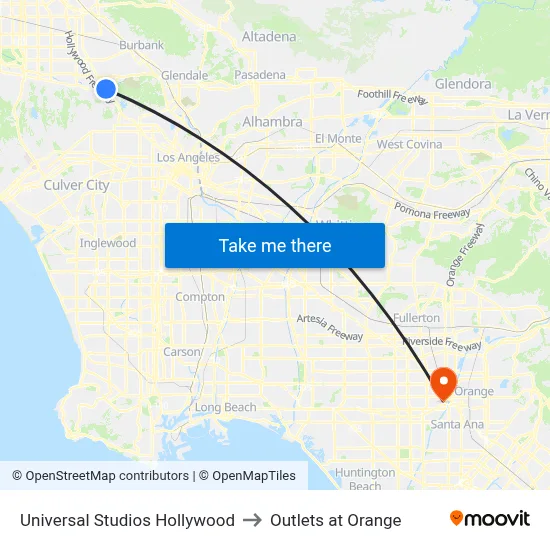 Universal Studios Hollywood to Outlets at Orange map
