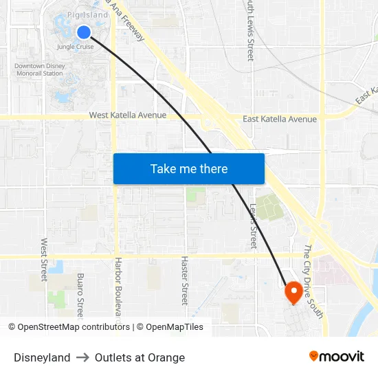 Disneyland to Outlets at Orange map