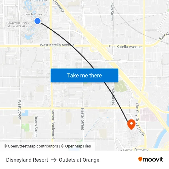 Disneyland Resort to Outlets at Orange map