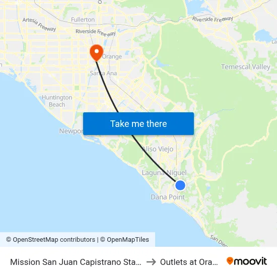 Mission San Juan Capistrano Station to Outlets at Orange map
