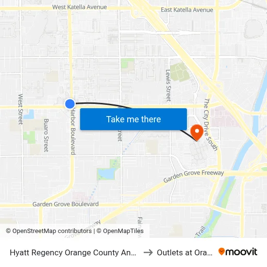 Hyatt Regency Orange County Anaheim to Outlets at Orange map