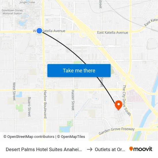 Desert Palms Hotel Suites Anaheim Resort to Outlets at Orange map