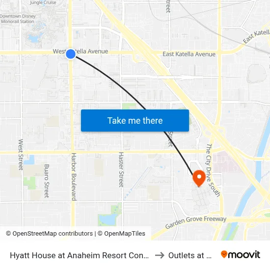 Hyatt House at Anaheim Resort Convention Center to Outlets at Orange map