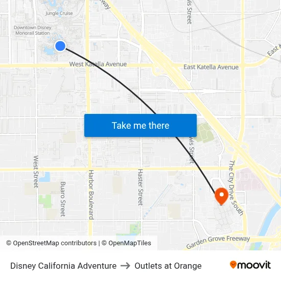 Disney California Adventure to Outlets at Orange map