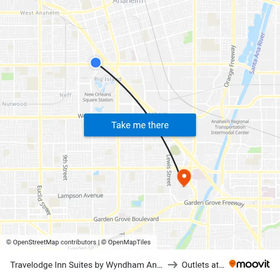 Travelodge Inn Suites by Wyndham Anaheim on Disneyland Dr to Outlets at Orange map