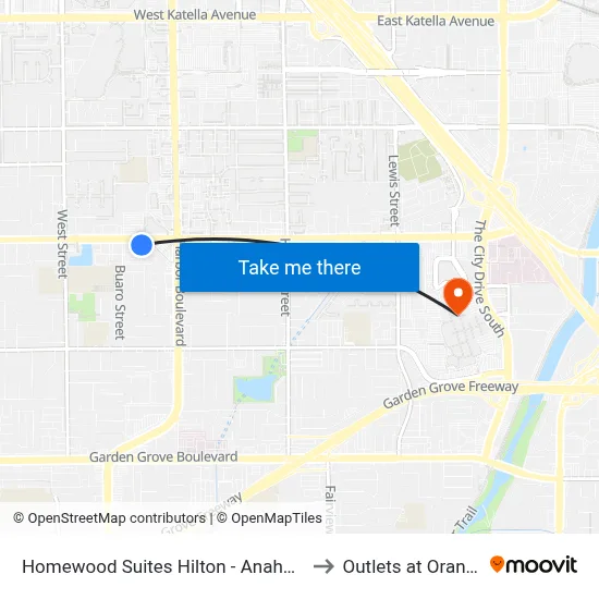 Homewood Suites Hilton - Anaheim to Outlets at Orange map