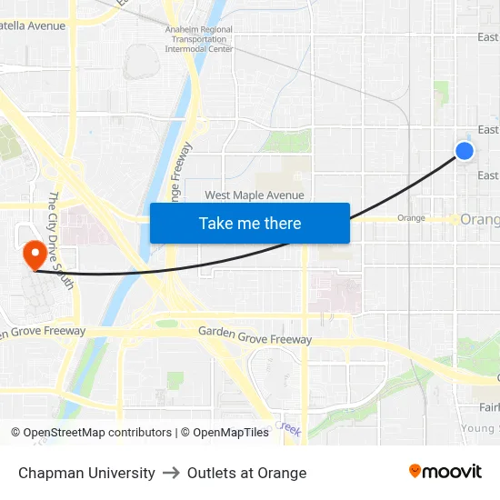 Chapman University to Outlets at Orange map