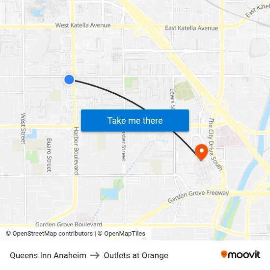 Queens Inn Anaheim to Outlets at Orange map