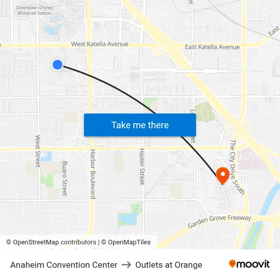 Anaheim Convention Center to Outlets at Orange map
