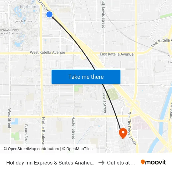 Holiday Inn Express & Suites Anaheim Resort Area to Outlets at Orange map