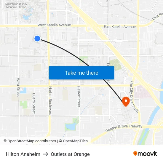 Hilton Anaheim to Outlets at Orange map
