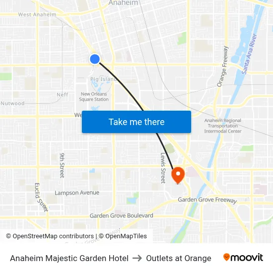 Anaheim Majestic Garden Hotel to Outlets at Orange map