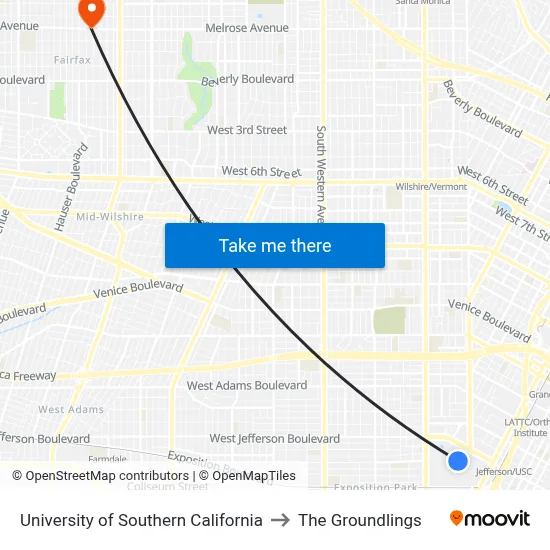 University Of Southern California to The Groundlings map