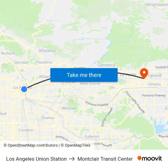 Los Angeles Union Station to Montclair Transit Center map