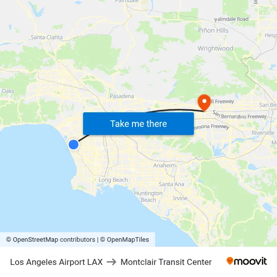 Los Angeles Airport LAX to Montclair Transit Center map