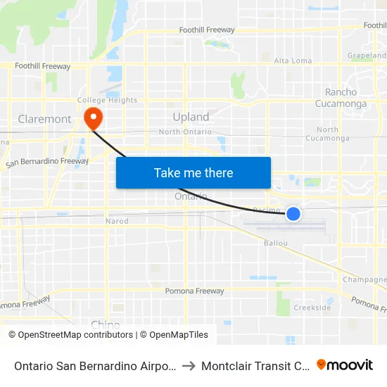 Ontario San Bernardino Airport ONT to Montclair Transit Center map