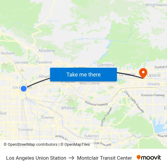 Los Angeles Union Station to Montclair Transit Center map