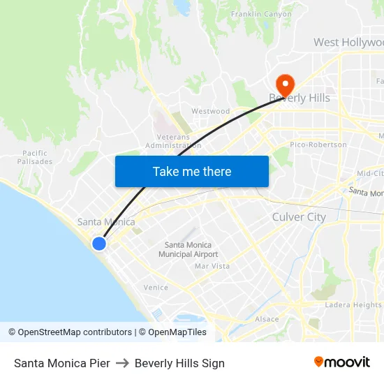 Santa Monica Pier to Beverly Hills Sign map