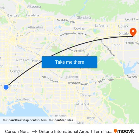 Carson North to Ontario International Airport Terminal 2 map