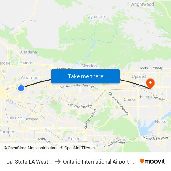 Cal State LA Westbound to Ontario International Airport Terminal 2 map