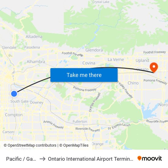 Pacific / Gage to Ontario International Airport Terminal 2 map