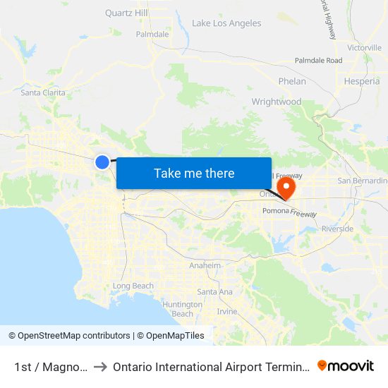 1st / Magnolia to Ontario International Airport Terminal 2 map